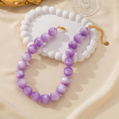 Beaded Necklace for Women Boho Chunky Large Round Beaded Statement Choker Trendy Adjustable Resin Necklaces Summer Beach Jewelry Gifts - color: Light Purple