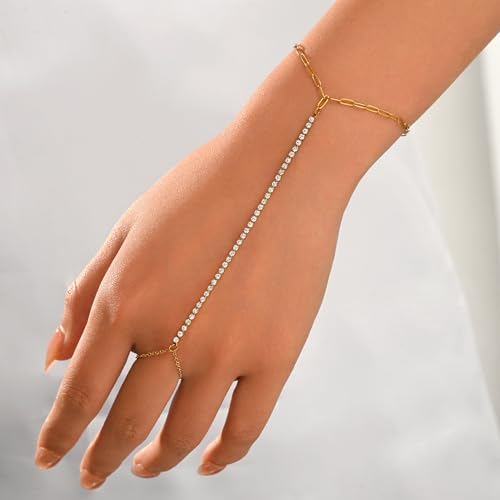Dainty 18K Gold Plated Tiny Bracelets with Finger Ring for Women | Waterproof Hypoallergenic Adjustable Hand Harness Chain Jewelry - color: Paperclip Tennis-GD