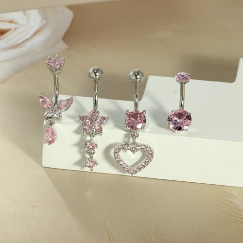 TIANCI FBYJS Surgical Stainless Steel Dangle Belly Button Rings for Women Belly Ring Dangling Piercing Jewelry with Heart Flower Butterfly Silver 14G - color: pink