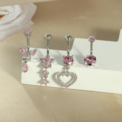 TIANCI FBYJS Surgical Stainless Steel Dangle Belly Button Rings for Women Belly Ring Dangling Piercing Jewelry with Heart Flower Butterfly Silver 14G - color: pink