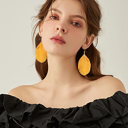 GBAHFY Feather Leather Layered Fringe Earrings for Women Boho Genuine Lightweight Leather Leaf Tassel Dangle Statement Earrings with Metal Bar - color: Yellow