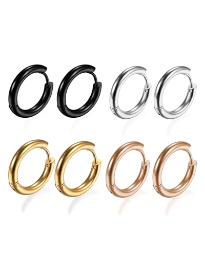 316L Surgical Stainless Steel Huggie Hoop Earrings 6mm 8mm 10mm 11mm 12mm 14mm Hypoallergenic Earrings Hoop Cartilage Helix Lobes Hinged Sleeper Earrings For Men Women - style: C05:10mm Rose Gold+Gold+Silver+Black(8pcs)