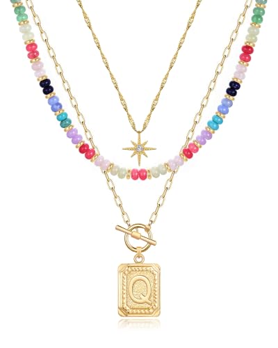 MJartoria Layered Initial Necklaces for Women | 14K Gold Plated Brass, Star Choker, Colorful Beaded, Square Letter Pendant, - color: Gold Plated, style: Q