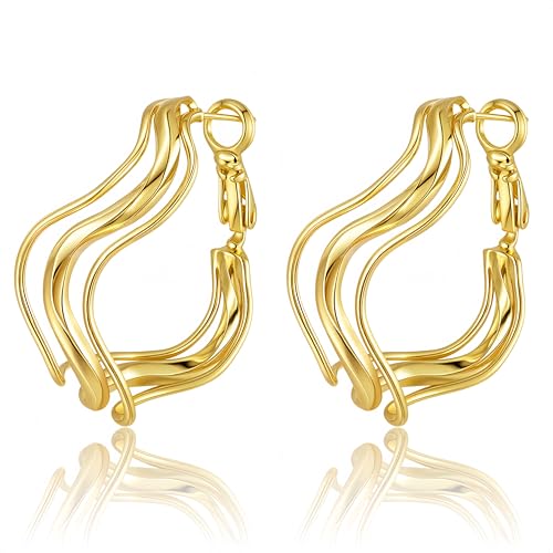 Dangle Flower Gold Earrings for Women, Trendy Statement Hoop Earrings, Gold Floral Drop Earrings Jewelry for Gifts - color: Irregular Shape -14K Gold
