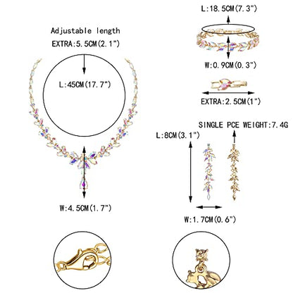 EVER FAITH Marquise Crystal Leaf Bridal Prom Jewelry Set for Women Bride | Rhinestone Wedding Party Necklace Dangle Earrings Tennis Bracelet, for Bridesmaid - color: Iridescent Clear AB Gold-Plated-Base