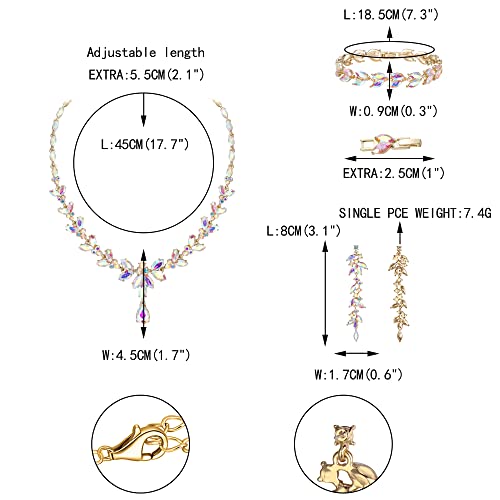 EVER FAITH Marquise Crystal Leaf Bridal Prom Jewelry Set for Women Bride | Rhinestone Wedding Party Necklace Dangle Earrings Tennis Bracelet, for Bridesmaid - color: Iridescent Clear AB Gold-Plated-Base