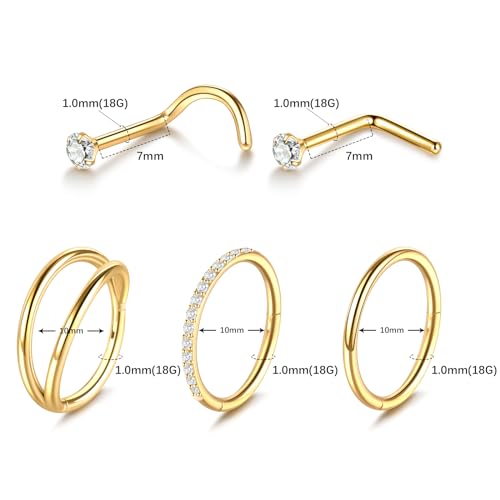 Xpircn 5pcs Hoop Nose Rings and L Shaped Nose Rings Stud Set 18G/20G Stainless Steel CZ Helix Conch Daith Tragus Cartilage Hoop Earrings for Women 6mm 7mm 8mm 10mm - color: Gold, size: 18G, 10mm hoop & 7mm studs