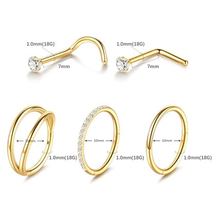 Xpircn 5pcs Hoop Nose Rings and L Shaped Nose Rings Stud Set 18G/20G Stainless Steel CZ Helix Conch Daith Tragus Cartilage Hoop Earrings for Women 6mm 7mm 8mm 10mm - color: Gold, size: 18G, 10mm hoop & 7mm studs