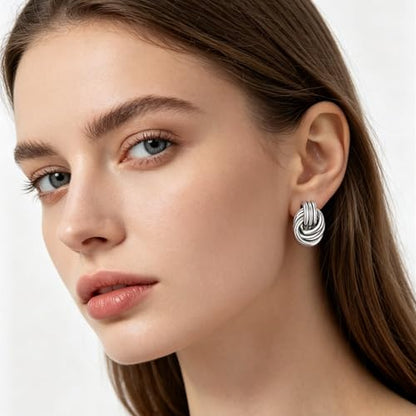 Gold Statement Earrings For Women, 14K Gold Plated Textured Geometric Drop Earrings - Hypoallergenic Stainless Steel Statement Earrings for Women, Waterproof Fan-Shaped Dangle Earrings for Beach & Daily Wear - color: Knot Silver YE03S