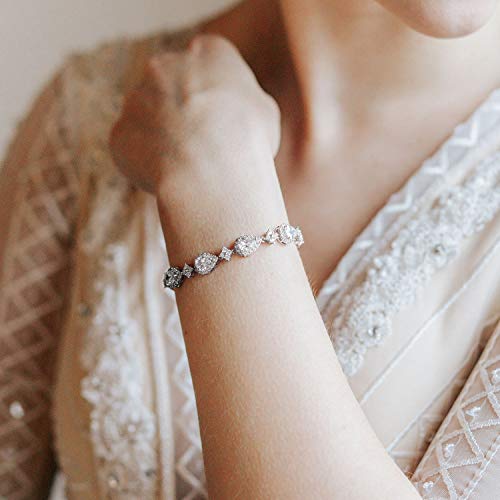 SWEETV Wedding Teardrop Bracelets for Brides Bridesmaids, Crystal Cubic Zirconia Bridal Bracelets for Women Prom - color: Silver