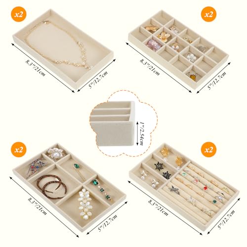 8 Pack Velvet Jewelry Trays Stackable Jewelry Organizer Tray Inserts for Drawer Beige Jewelrys Storage and Display Case for Necklaces Rings Earrings Bracelets
