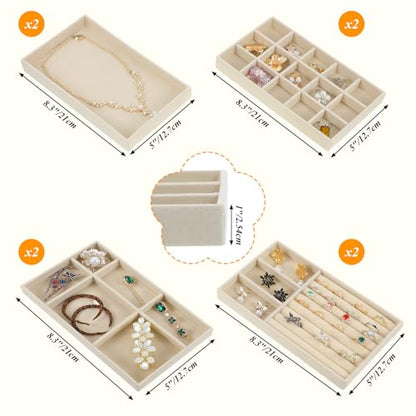 8 Pack Velvet Jewelry Trays Stackable Jewelry Organizer Tray Inserts for Drawer Beige Jewelrys Storage and Display Case for Necklaces Rings Earrings Bracelets