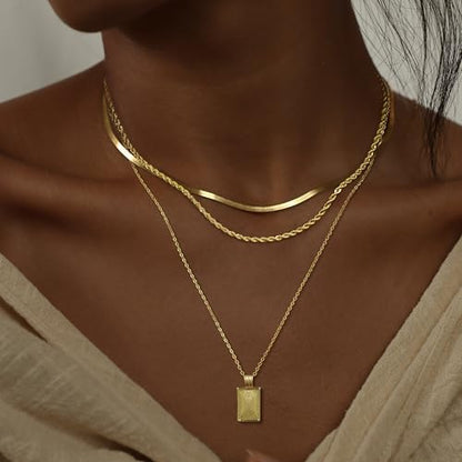 Layered Gold Silver Necklaces for Women, Stackable Stack 14K Real Gold Plated Silver Chain Necklace Diamond Circle CZ Layering Pendant Necklaces Trendy Gold Jewelry Set Gifts - color: gold, style: 3PC-Rectangle