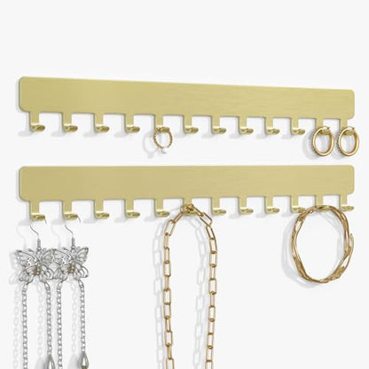 Necklace Holder Wall Mounted,Self Adhesive Jewelry Organizer,2 Pack,Gold | Modern Design,24 Hooks,Self Adhesive No Drilling,Durable 304 Stainless Steel,for bedroom/closet/bathroom/vanity - color: Gold - Brushed