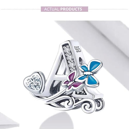 S925 Silver Butterfly Initial Letter Charms Fit for Pandora Charms Bracelets and Necklace Alphabet Bead Charms Jewelry Gifts for Women - color: A
