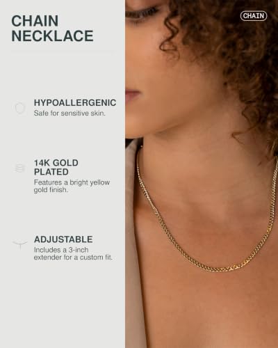 PAVOI Chain Necklace for Women, 14K Gold Plated Adjustable Layering Chain - style: Curb