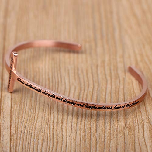 𝐂𝐫𝐨𝐬𝐬 𝐁𝐫𝐚𝐜𝐞𝐥𝐞𝐭 Religious Cuff Bangle 𝐁𝐢𝐛𝐥𝐞 𝐕𝐞𝐫𝐬𝐞 Christian Gifts Jewelry for 𝐖𝐨𝐦𝐞𝐧 - style: Rose gold-She is clothed with strength... the future -Proverbs 31:25