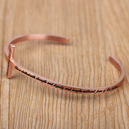 𝐂𝐫𝐨𝐬𝐬 𝐁𝐫𝐚𝐜𝐞𝐥𝐞𝐭 Religious Cuff Bangle 𝐁𝐢𝐛𝐥𝐞 𝐕𝐞𝐫𝐬𝐞 Christian Gifts Jewelry for 𝐖𝐨𝐦𝐞𝐧 - style: Rose gold-She is clothed with strength... the future -Proverbs 31:25
