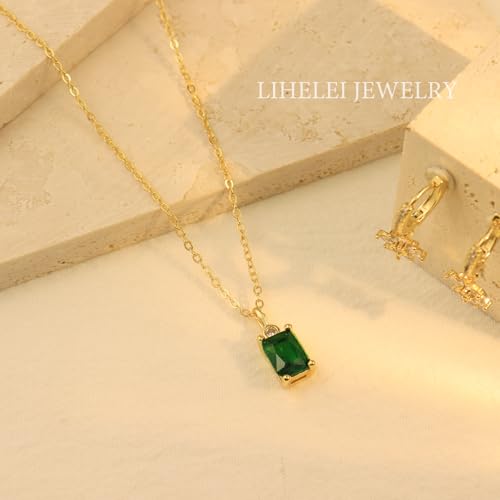 Diamond Pendant Necklaces for Women, Dainty 18k Gold/White Gold Plated Necklace, Gold/Silver Simple Choker Necklaces for Women, Trendy Jewelry Gifts - color: Square Green CZ -Gold