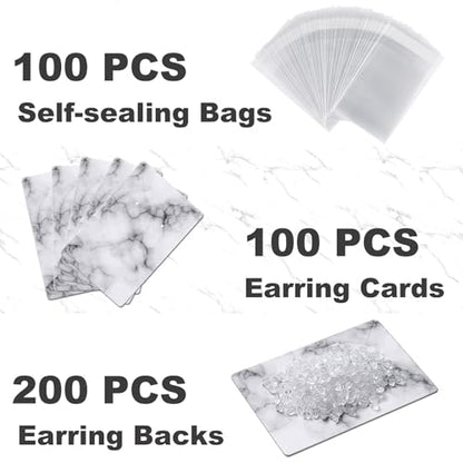 Earring Cards, Set Jewelry Making Supplies with 100 Pcs Earring Holder Cards 200 Pcs Earring Backs and 100 Jewelry Packaging for Earrings Necklace Jewelry Display, Bags 3.5x2.4 Inches (Marble White) - color: White Marble Pattern