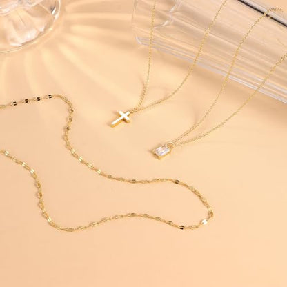 Kakonia Layered Gold Necklaces for Women, 3-Piece Gold Necklace Stack | 14K gold plated pendant necklace set, 3 dainty gold chains, trendy jewelry for women, ideal for weddings, proms or gifting - style: Cross Pendant