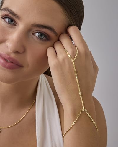 PAVOI Hand Chain Bracelet for Women, 14K Gold Plated Adjustable Ring Chain | Hand Chain Bracelet, Ring Bracelet Hand Chain, Arm & Body Jewelry - style: Crimp Chain