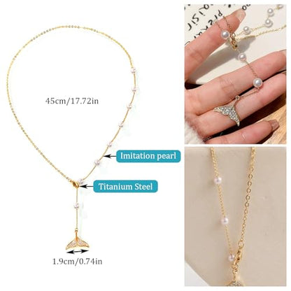 Boho Pearl Y Lariat Necklace for Women,Cz Fishtail Drop,Crystal Mermaid Tail, Y Drop Chain Jewelry for Girls