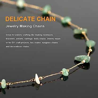KYUNHOO 16.4 FT Green Raw Gemstones Jewelry Chain for Making Jewelry Crafts | Gold Plated Brass Chains for Necklace Bracelet DIY Thin Paperclip Link Natural Stone Chain with Clasps - color: Natural Stone-Green