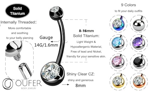 OUFER Titanium Belly Button Rings, Internally Threaded Belly Ring, Round CZ Navel Rings for Women Men - color: Black, size: 1.6*16MM