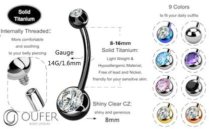OUFER Titanium Belly Button Rings, Internally Threaded Belly Ring, Round CZ Navel Rings for Women Men - color: Black, size: 1.6*16MM