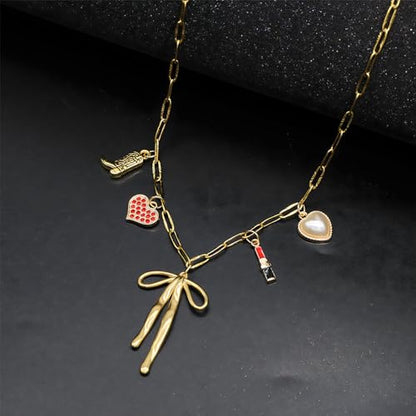 JNF Cute Shell Conch Boho Charm Necklace for Women Sun Moon Star Coin Heart Flower Boot Bow Charms Necklaces Summer Beach Jewelry - color: bow charm necklace