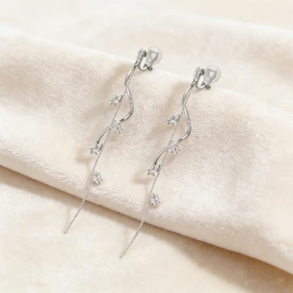 ASOQOLA Clip on Earrings Non Pierced for Women Long Dangle Drop Clip Earrings - Cubic Zirconia Leaf Earrings for Women Wedding Party Prom Jewelry Gifts - color: silver