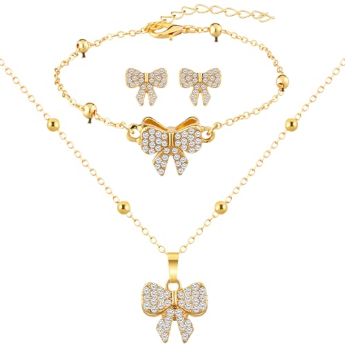 3 Pcs Heart Bow Snow Jewelry Set | Heart Necklace with Bracelet Earring, Snow Jewelry Set for Women, Bow Charms Toggle Gifts - color: Gold, style: Bow