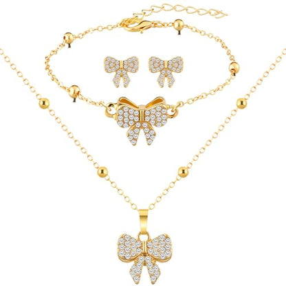 3 Pcs Heart Bow Snow Jewelry Set | Heart Necklace with Bracelet Earring, Snow Jewelry Set for Women, Bow Charms Toggle Gifts - color: Gold, style: Bow