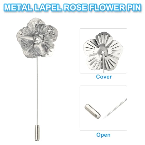PATIKIL Lapel Pin for Men, Men Formal Metal Lapel Pin Floral Lapel Stick Brooch Rose Flower Pin for Wedding Banquet Event Suit, Silver