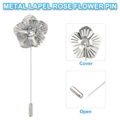 PATIKIL Lapel Pin for Men, Men Formal Metal Lapel Pin Floral Lapel Stick Brooch Rose Flower Pin for Wedding Banquet Event Suit, Silver