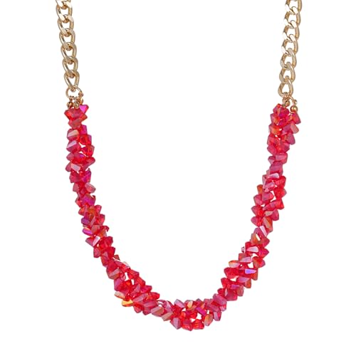 Crystal Statement Necklace with Gold Chain, Black and Clear Crystal Clusters, Chunky Curb Link Design, Fashion Jewelry for Women - color: Red