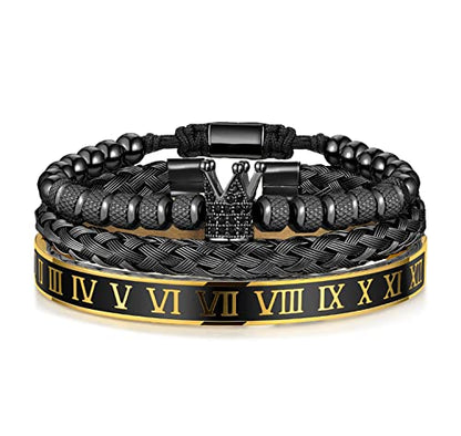 WFYOU 3PCS Stainless Steel Imperial Crown Bracelets for Men Gold Roman Numeral Bangle Bracelet Adjustable Cuff Bracelet Mens Luxury Jewelry Gifts - style: 02:Black-Roman Numeral