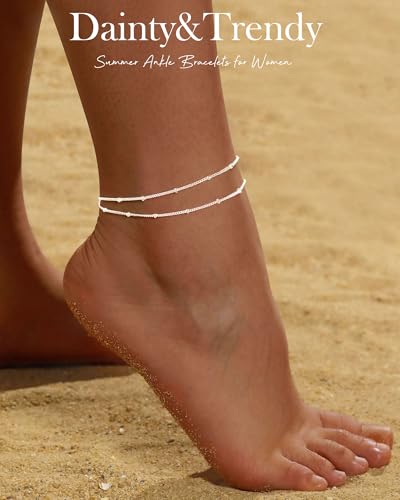 Gold Silver Ankle Bracelets for Women Waterproof 14K Gold Plated Anklets for Women Non Tarnish Dainty Layered Beaded Heart Anklet Set Summer Beach Foot Chain Jewelry Gifts Trendy Stuff - color: A- Beaded Anklets- Silver