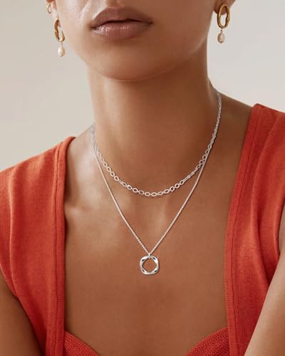 Stackable Silver Plated Layered Choker Necklaces for Women | Stacked Stacking Layering Dainty Silver Plated Necklace, Beach Circle Paperclip Pendant Chain Necklaces Trendy, Jewelry Set - color: 3PCS / Twisted Circle & 2 Chains - Silver