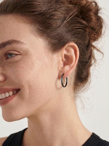 925 Sterling Silver Huggie Hoop Earrings, Small Silver Hoop Earrings for Women Hypoallergenic Huggie Lightweight Small Hoops Earring Cartilage Sleeper Earrings 6/8/10/12/14/16/18/20mm - color: Black, size: 20MM