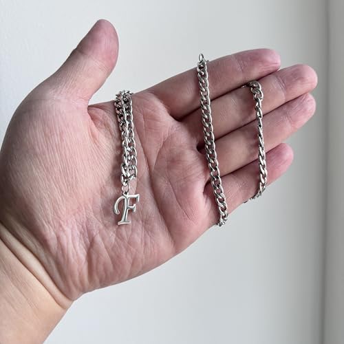 Stainless Steel Initial A-Z Necklace for Men Women,Cuban Chain,Titanium Steel Initial Letter Pendant Charm Necklaces Accessories Jewelry for Woman Man,21 Inch Chain - color: F