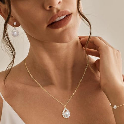 Jewelry Sets for Women,Dainty 14k Gold Plated Pearl Earrings Necklace Bracelet Fashion Silver Bridal Jewelry accessories SimpleWedding Jewelry Sets for Brides - color: gold