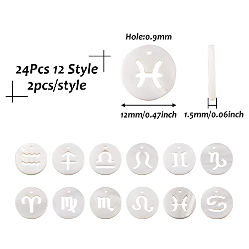 Craftdady 24Pcs Freshwater Shell Charms 12mm Flat Round 12 Constellations Bead Charms Shell Zodiac Sign Cabochons for Bracelets Necklaces Earrings Jewelry Crafts Making - color: Hollow 12 Constellations