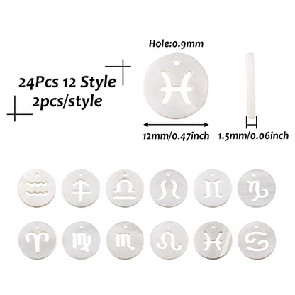 Craftdady 24Pcs Freshwater Shell Charms 12mm Flat Round 12 Constellations Bead Charms Shell Zodiac Sign Cabochons for Bracelets Necklaces Earrings Jewelry Crafts Making - color: Hollow 12 Constellations