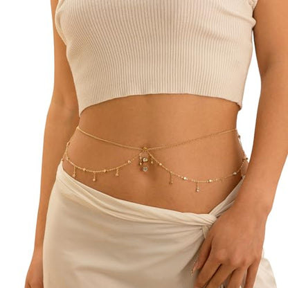 Summer Beach Multi-layer Crystal Belly Buttom Ring with Waist Chain Bikini Rhinestone Navel Piercing Dangle Belly Button Rings Waist Chain Sexy Belly Body Chain Jewelry for Women - style: Gold