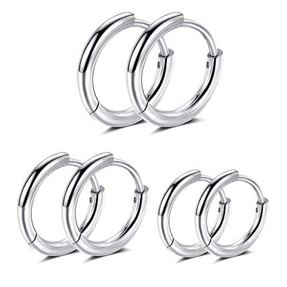 Black Hoop Earrings for Men 8mm 10mm 12mm – Surgical Stainless Steel Hypoallergenic Mens Small to Medium Hoop Earrings Set (3 Pairs) - style: E:3pairs,8mm+10mm+12mm,steel