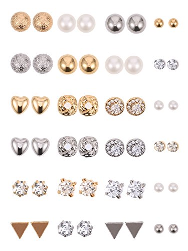BBTO 24 Pairs Stud Earrings Crystal Pearl Earring Set Ear Stud Jewelry for Women Men - color: Sliver & Gold