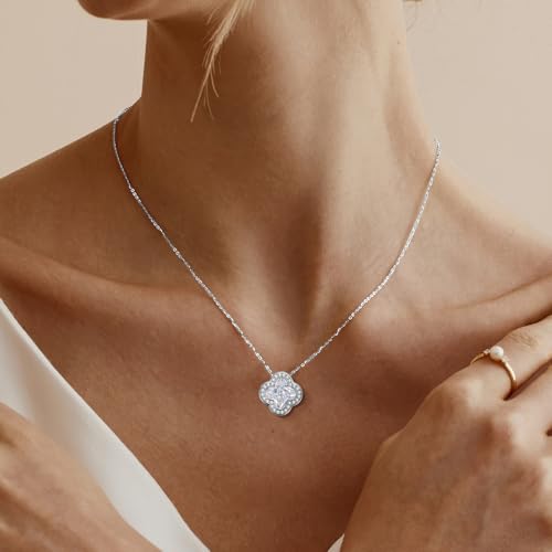 14K Gold Plated | 14K Platinum Plated Necklace for Women Necklace Earrings Set with Sparkling Zircon Inlay and Silver Post Earrings - color: Simple smooth clover flower set silver