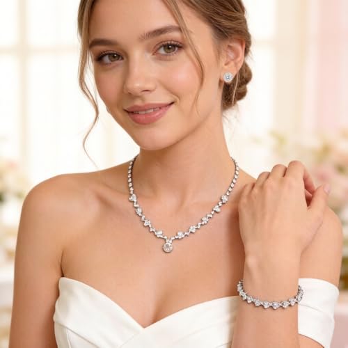Silver Tennis Necklace and Bracelet Set for Women Wedding Jewelry Sets for Brides Earrings Prom Bridesmaid Jewelry - color: Silver03